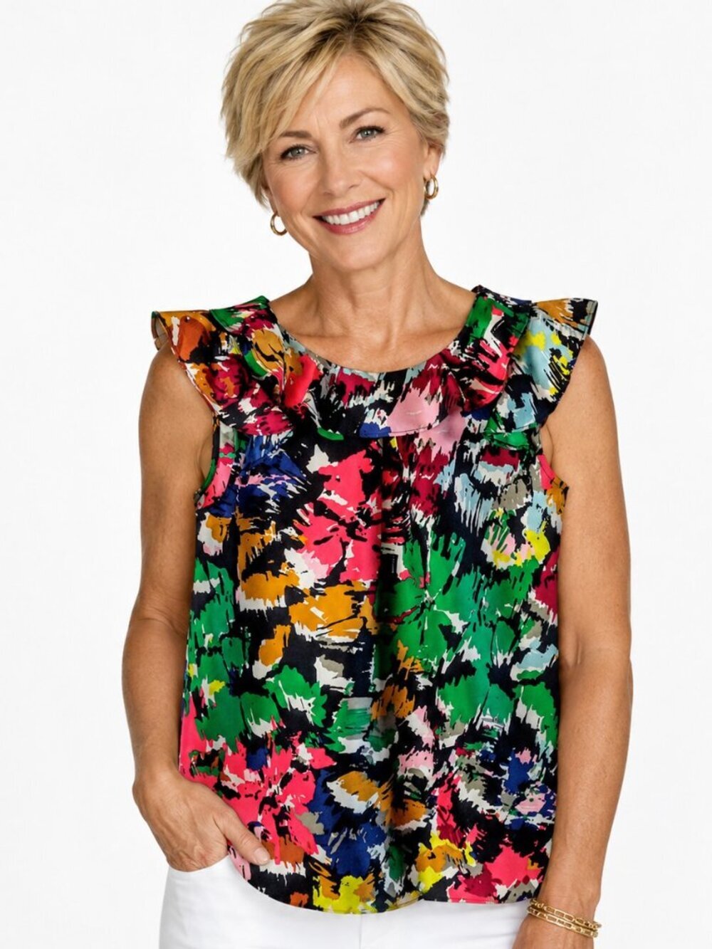 J. Crew Abstract Print Multicolor Ruffle Silk Top